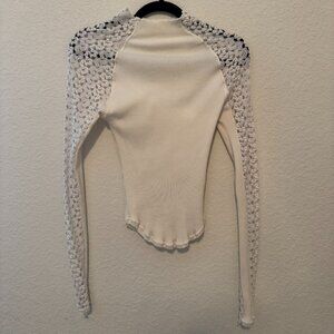 Free People Cream Ribbed Top with Intricate Crochet Lace Sleeves
